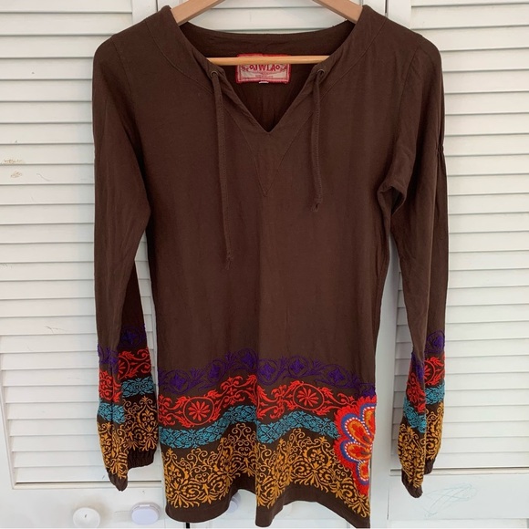 Johnny Was JWLA Blouse Womens S Brown Floral Embroidered Tunic Peasant Boho Top - Picture 1 of 14
